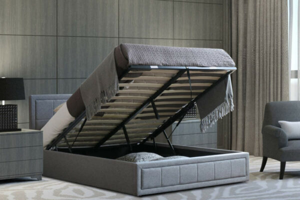 A king size grey ottoman bed's underbed compartment storage