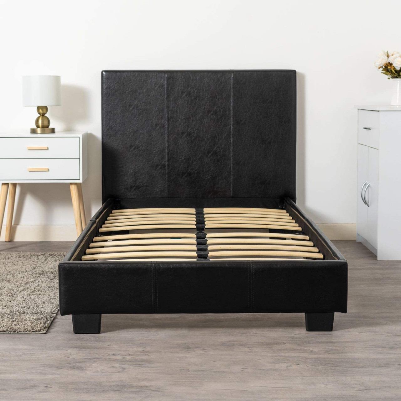 Prado Single Faux Black Leather Bed | BedSale.com