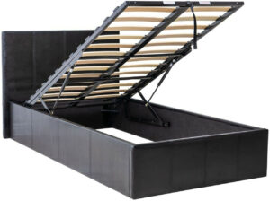 A black faux leather ottoman bed's under bed compartment storage