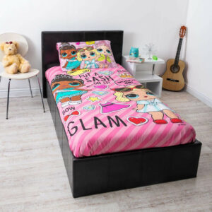 Side view of a single black faux leather ottoman bed with pink sheets