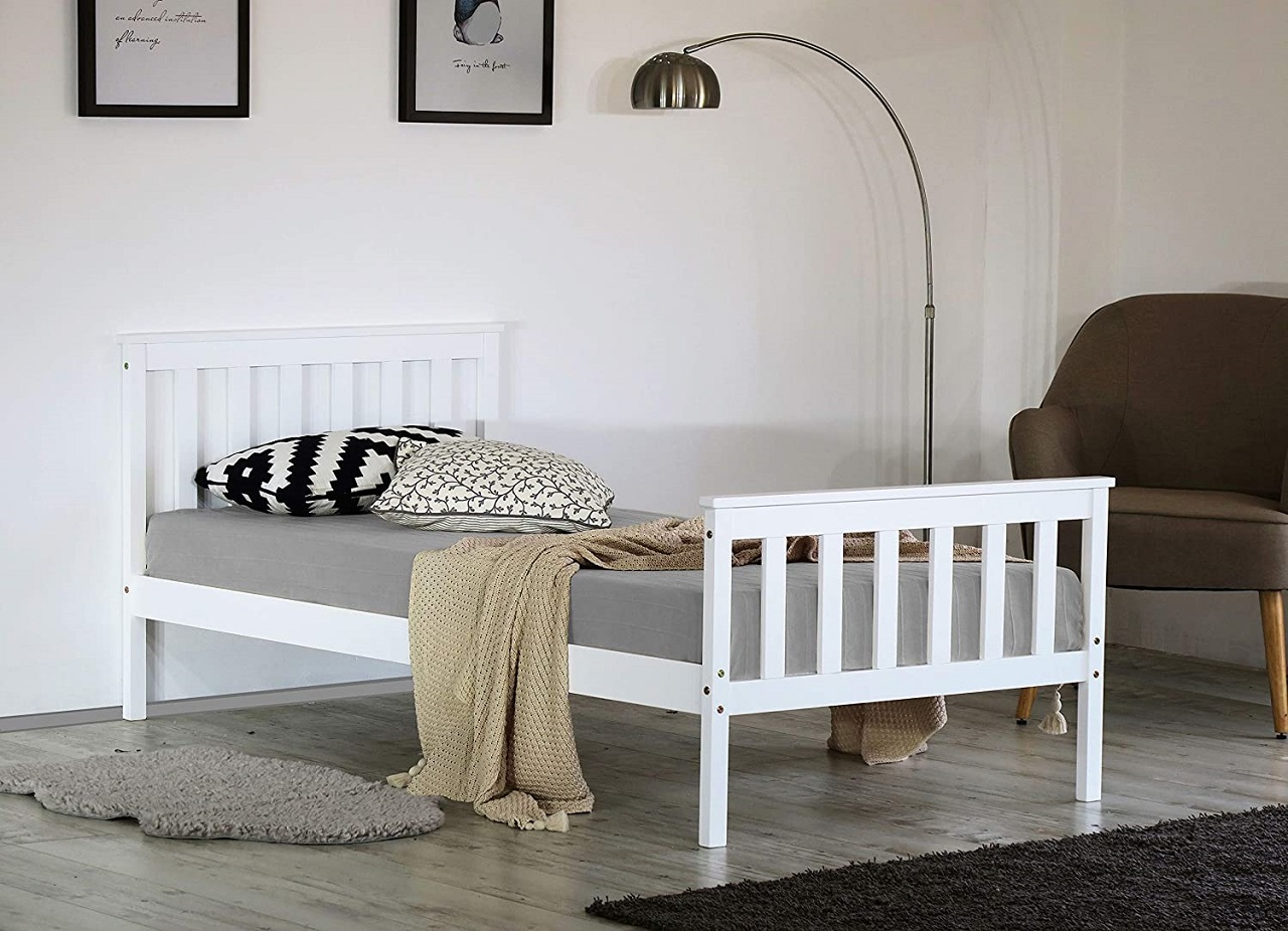 Single Bed Frame in White Solid Wood | BedSale.com