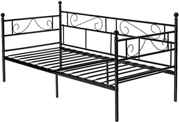 The frame of a black day bed