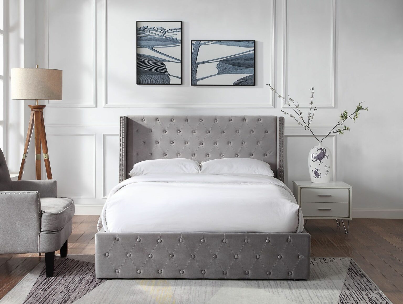 grey double ottoman bed with mattress