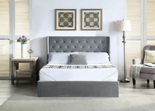 Grey Ottoman Bed with Buttoned Headboard