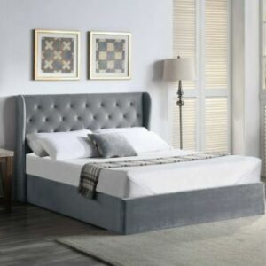Grey Velvet Ottoman Bed with Buttoned Headboard