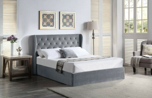 Grey Velvet Ottoman Bed with Buttoned Headboard