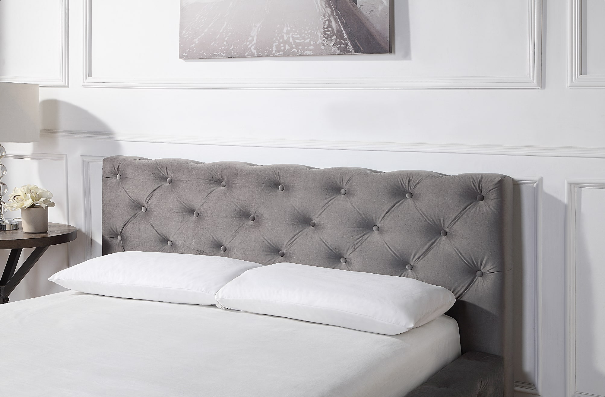 Chesterfield Double Bed Frame Grey Brushed Velvet Upholstered | BedSale.com