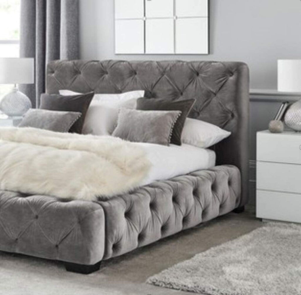 Grey Brushed Velvet Upholstered King Bed Frame | BedSale.com