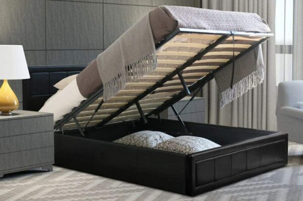 Black Leather Ottoman Bed with Storage