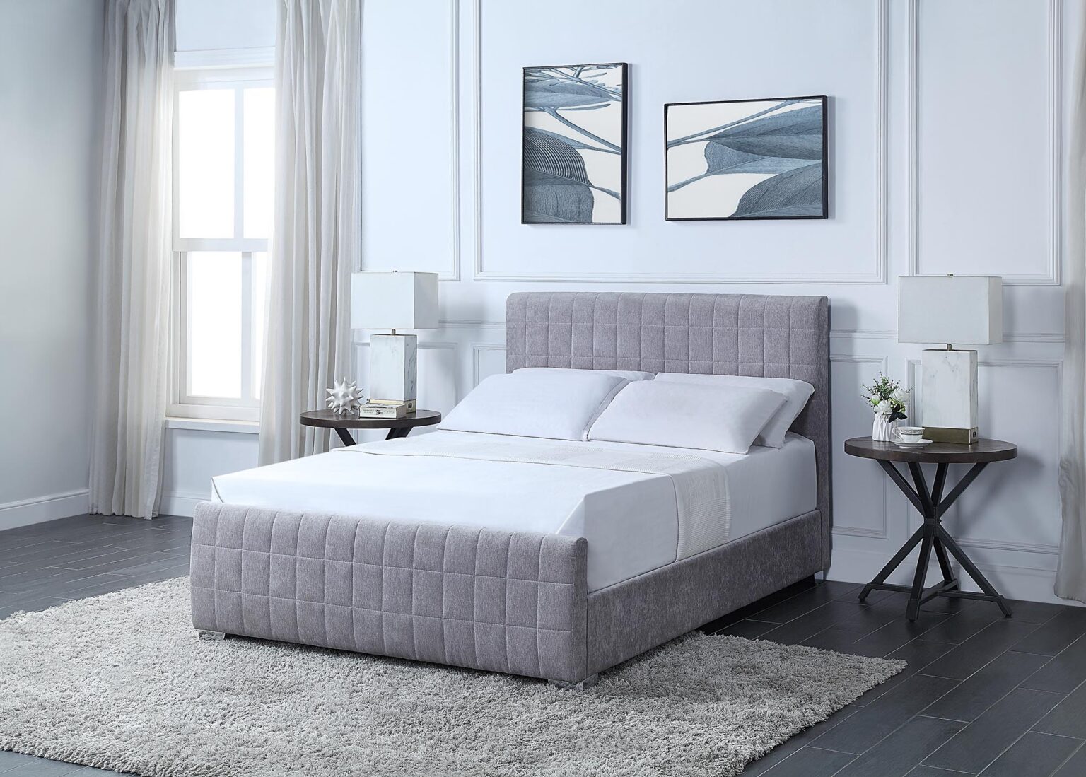 Grey Fabric Double Bed With Large Padded Headboard