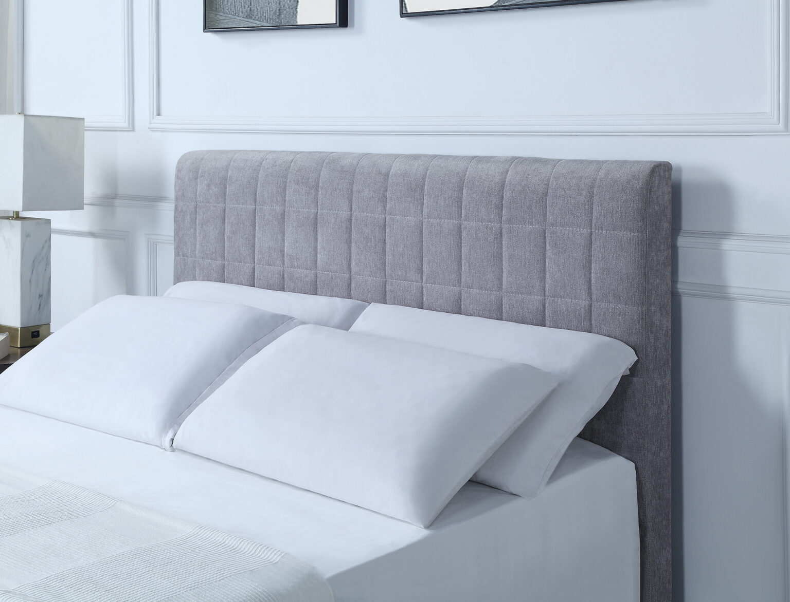 grey fabric bed with mattress