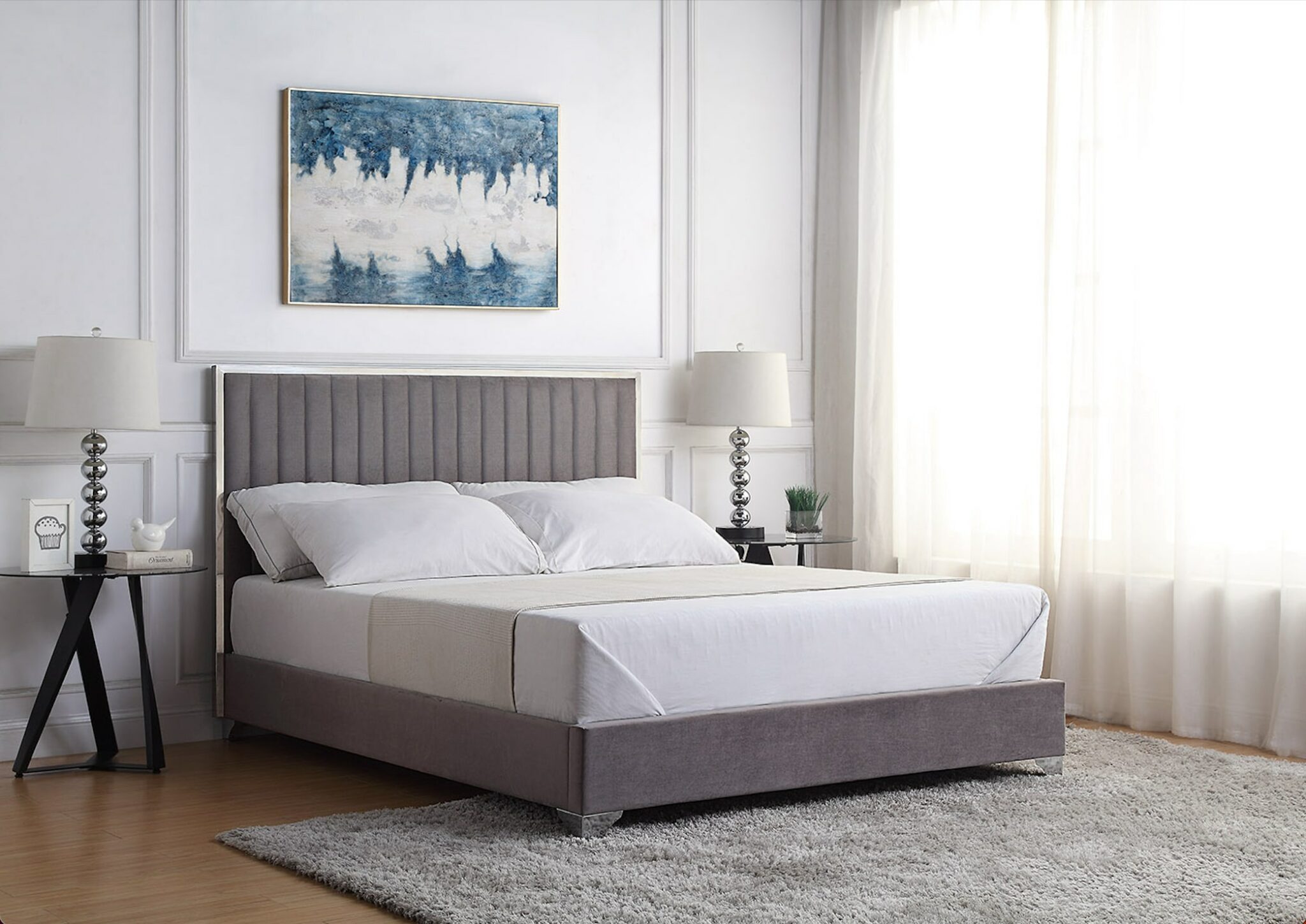 Grey Brushed Velvet Double Bed Frame With Tall Headboard & Silver Trim ...