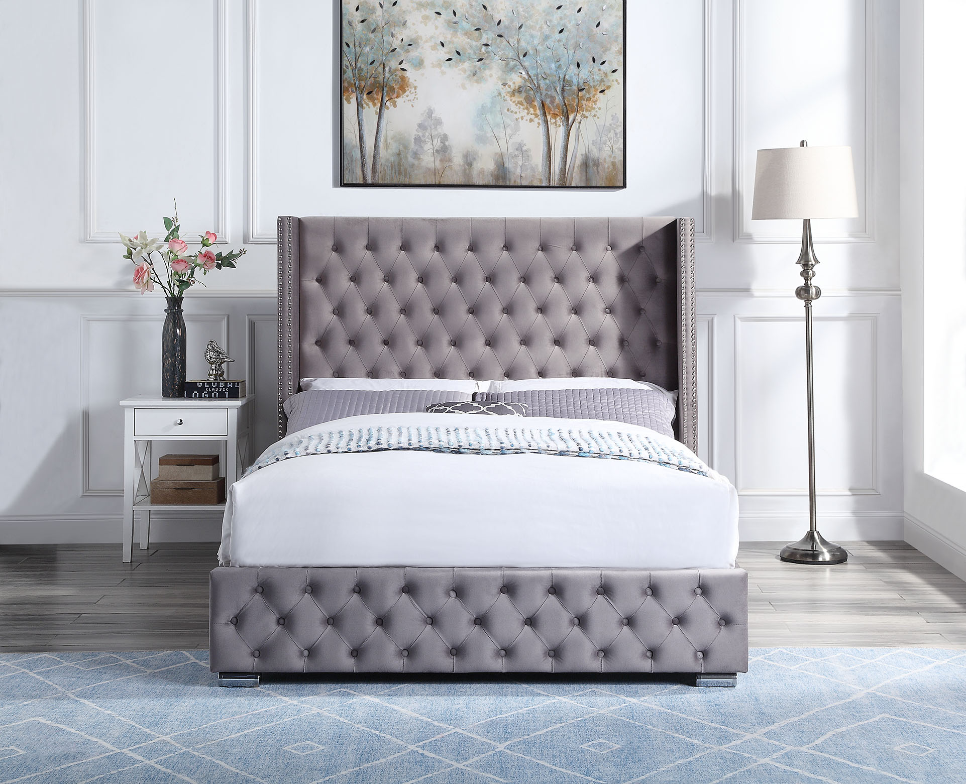 Luxury Grey Double Brushed Velvet Padded Bed With Tall Studded ...