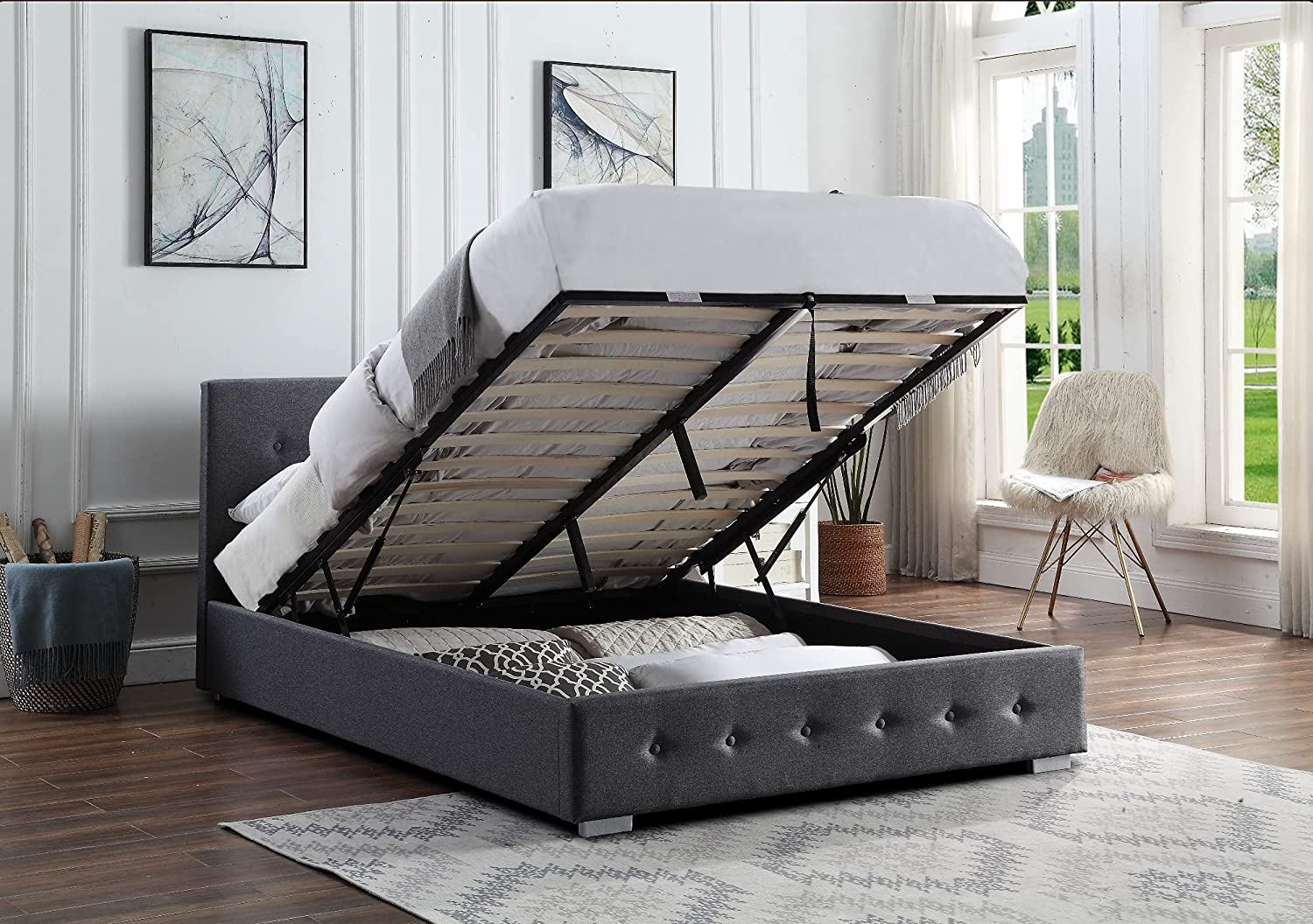 Leeds King Size Med Grey Bed Frame With Lift Up Storage