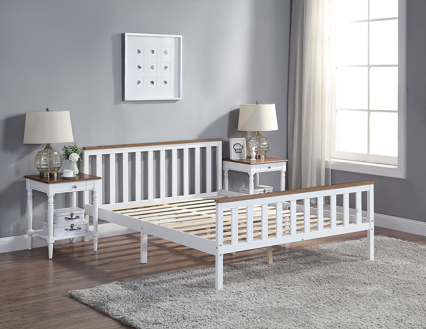 King Size Bed Frame in White and Pine Solid Wood | BedSale.com