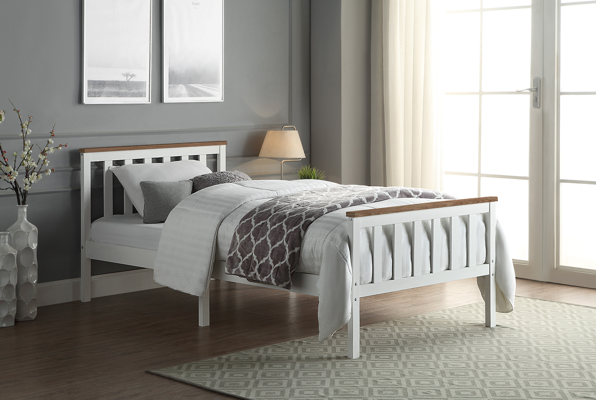 Single Bed Frame in White and Pine Solid Wood | BedSale.com